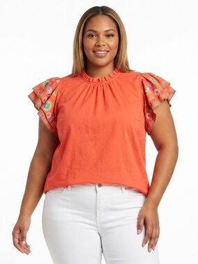 Crown & Ivy Women’s Top XXL Orange Embroidered Flutter Sleeve Boho Fiesta Casual